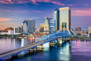 Downtown Jacksonville skyline viewed over St. Johns River.